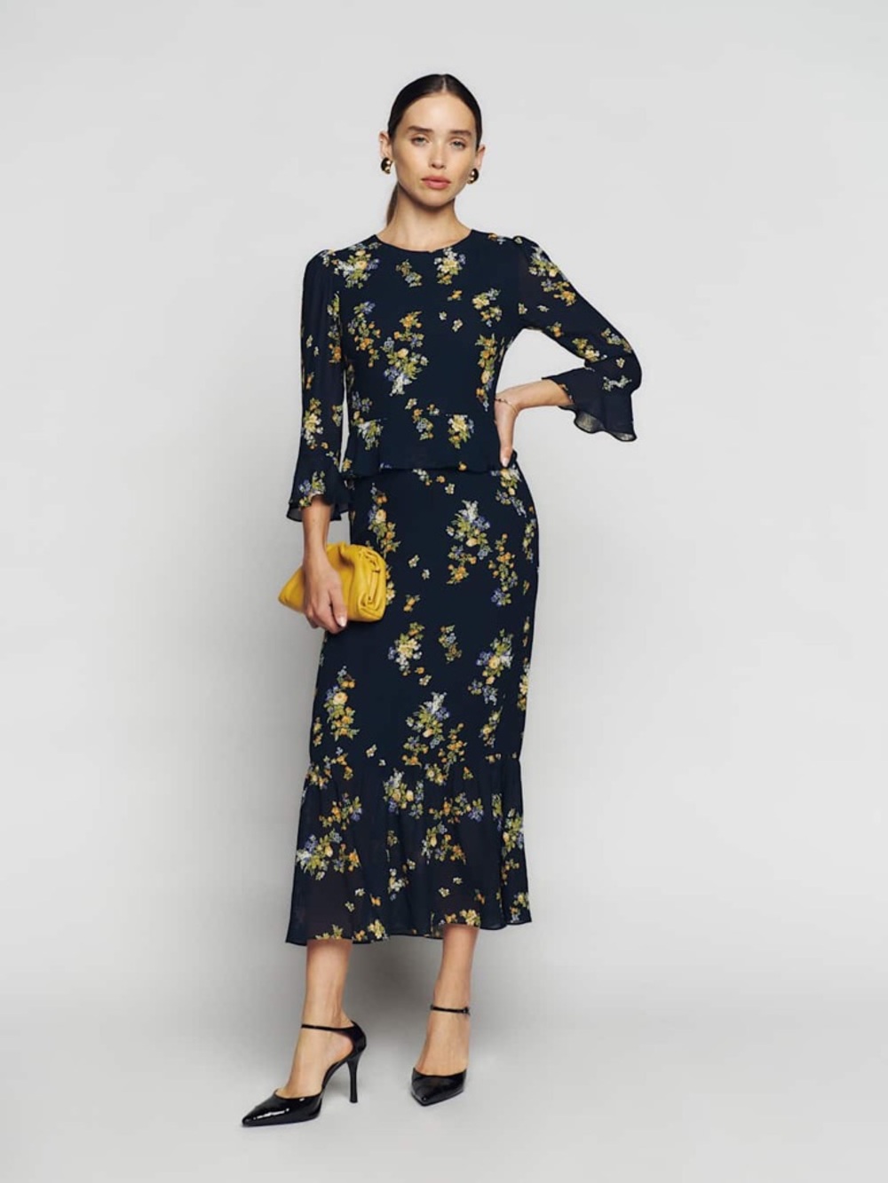 Reformation Navy Floral Midi/Maxi Dress with Yellow & White Flowers